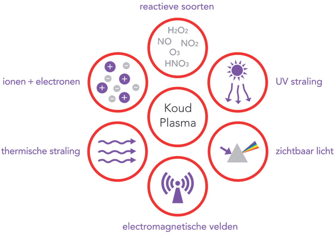 Illustratie die laat zien waar koud plasma zoal uit bestaat